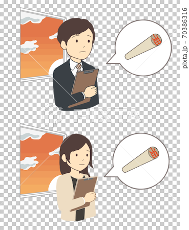 ハンコ待ち状態の会社員　柘　上半身(線無し) 70386316