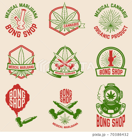 Set of vintage emblems with medical marijuana. Cannabis leaves. Design element for logo, label, emblem, sign, poster, t shirt. Set of vintage emblems with medical marijuana. Cannabis leaves. Design element for logo, label, emblem, sign, poster, t shirt. 70386432