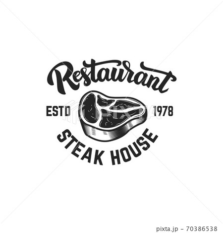 Steak house. Cutted meat and crossed meat cleavers. Design element for logo, label, emblem. 70386538