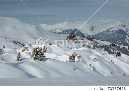 Skiing slopes, with many people 70387698
