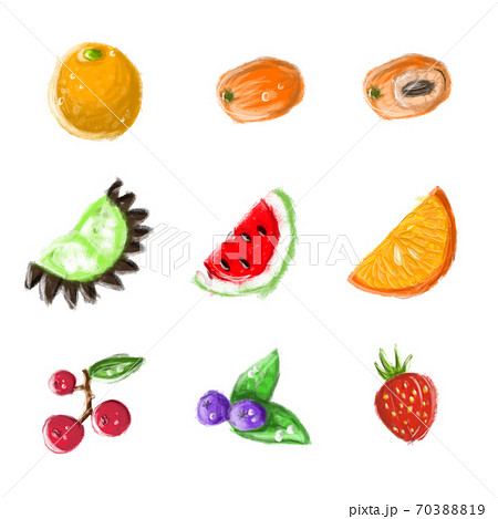 Set of fruits and berries. Hand drawn icons of juicy food with vitamins. Watermelon, orange, strawberry ans raspberry Set of fruits and berries. Hand drawn icons of juicy food with vitamins. Watermelon, orange, strawberry ans raspberry 70388819