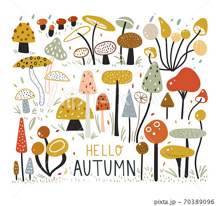 Autumn elements collection in flat style. Mushroom Forest. Colorful set with hand drawn mushrooms. Childish illustration in minimalist style. Scandinavian Swedish style. 70389096