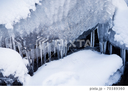 Row of frosty icicles in nature 70389360