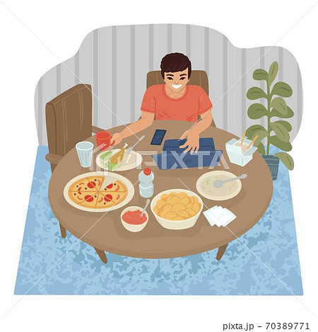 The man at the table eats food, chatting with friends on the Internet, watching a movie on a laptop. Quarantine work home-office. Vector illustration The man at the table eats food, chatting with friends on the Internet, watching a movie on a laptop. Quarantine work home-office. Vector illustration 70389771