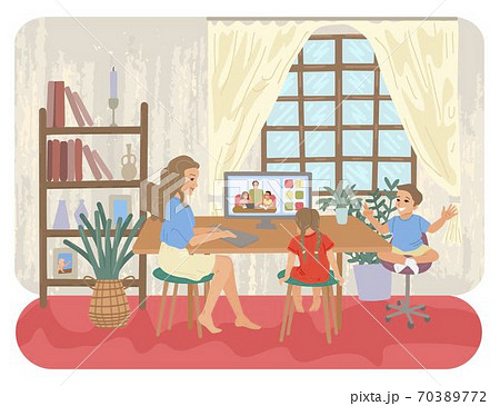 Family with children. Entertainment for children at home. Online education for school children. Vector illustration Family with children. Entertainment for children at home. Online education for school children. Vector illustration 70389772