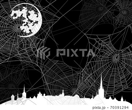 halloween night city spider web skyline black and white vector background 70391294