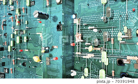 Technological background of the circuit board. Inside the electronic device are the components of the motherboard: microcircuits, transistors, LEDs, semiconductors. 3D Rendering. Technological background of the circuit board. Inside the electronic device are the components of the motherboard: microcircuits, transistors, LEDs, semiconductors. 3D Rendering. 70391948