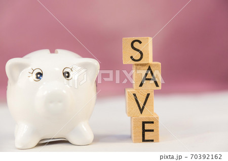 White Piggy bank and wood word save money in the future for family background White Piggy bank and wood word save money in the future for family background 70392162