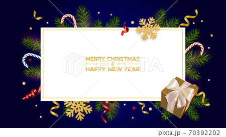 Merry Christmas and Happy New Year. Xmas blue background with realistic pine branches, gifts box and glitter gold snowflakes, candy canes, serpentine. Christmas poster, greeting card, banner 70392202