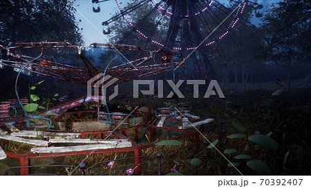 Abandoned Apocalyptic Ferris wheel and carousel in an amusement Park in a city deserted after the Apocalypse. 3D Rendering. 70392407