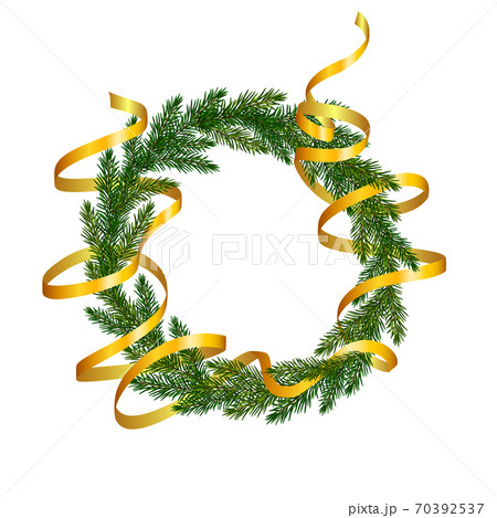 Wreath of fir tree branches with a golden ribbon wrapping around it. Christmas tree branches frame for greeting New Year and Christmas cards, banners, invitations 70392537