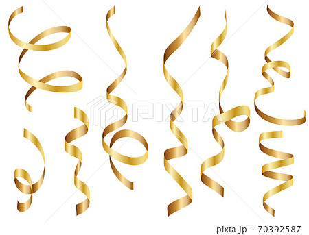 Gold shiny gradient twisted ribbons set. Decoration for carnival party, holiday event, New Year, Christmas, Wedding ceremony. Vector illustration 70392587