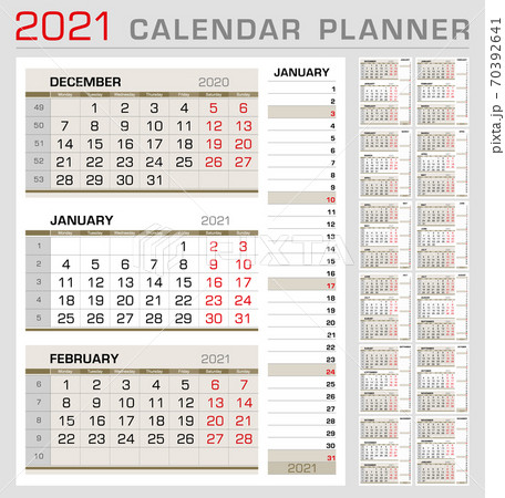 Calendar planner template 2021. Week start from Monday. 3 month calendar on page, with right stripe calender of the topical month. Ready for print. Vector Illustration Calendar planner template 2021. Week start from Monday. 3 month calendar on page, with right stripe calender of the topical month. Ready for print. Vector Illustration 70392641