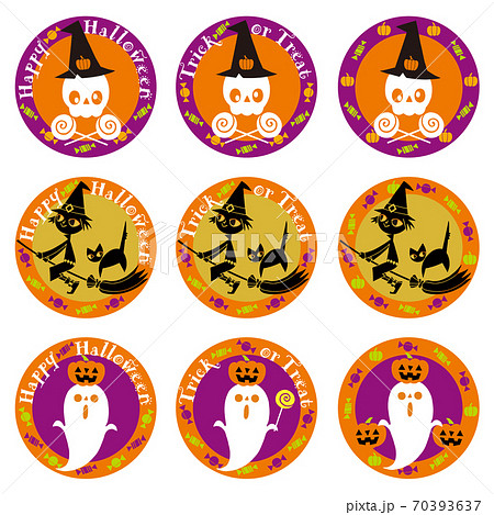 ハロウィンキャラクター マークセット 魔女と黒ネコ おばけとかぼちゃ どくろとキャンディーのイラスト素材