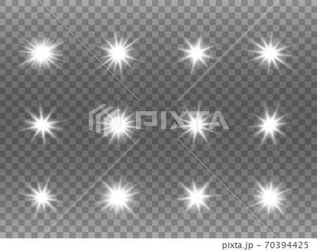 White glowing stars set. Light explosions on transparent backdrop. Christmas template with shining rays. White flash collection. Bright particles. Vector illustration White glowing stars set. Light explosions on transparent backdrop. Christmas template with shining rays. White flash collection. Bright particles. Vector illustration 70394425