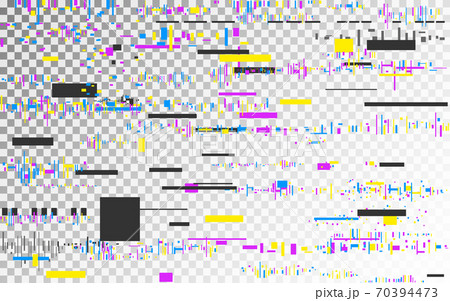 Glitch vhs background on transparent backdrop. Color distortions template. Abstract digital noise. Video no signal error. Glitched shapes and elements. Vector illustration 70394473