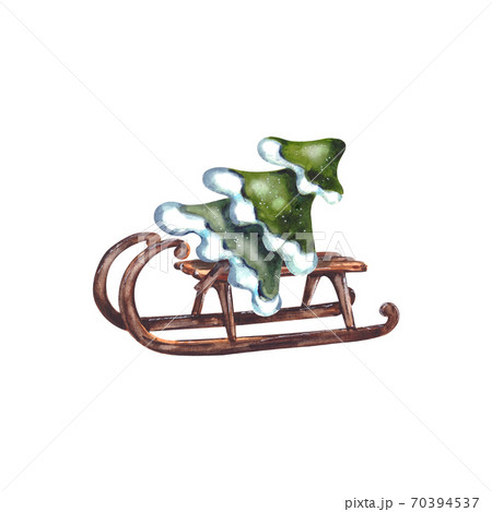 Watercolor illustration of a greeting card to celebrate happy Christmas and New year. Christmas tree on a small vintage wooden sled.Isolated on a white background. 70394537