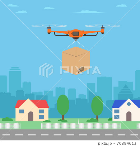Delivery drone with the package. City background. Modern delivery of the package. Vector illustration Delivery drone with the package. City background. Modern delivery of the package. Vector illustration 70394613