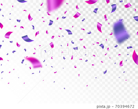 Purple and pink confetti isolated on transparent background. Falling color confetti. Realistic bright serpentine. Flying festive tinsel. Anniversary decoration elements. Vector illustration 70394672