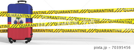 Flag of Haiti on a suitcase and quarantine stripes, coronavirus pandemic tourism restrictions concept. 3d rendering 70395456