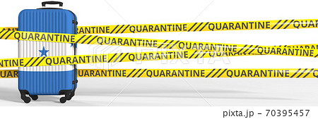 Suitcase with flag of Honduras and quarantine stripes, COVID-19 travel restrictions conceptual 3d rendering 70395457