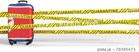 Suitcase with flag of North Korea and quarantine stripes, COVID-19 travel restrictions conceptual 3d rendering Suitcase with flag of North Korea and quarantine stripes, COVID-19 travel restrictions conceptual 3d rendering 70395473