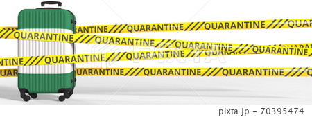 Flag of Nigeria on a suitcase and quarantine stripes, coronavirus pandemic tourism restrictions concept. 3d rendering Flag of Nigeria on a suitcase and quarantine stripes, coronavirus pandemic tourism restrictions concept. 3d rendering 70395474