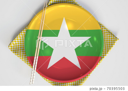 Flag of Myanmar on the plate and chopsticks. National cuisine concept. 3d rendering Flag of Myanmar on the plate and chopsticks. National cuisine concept. 3d rendering 70395503