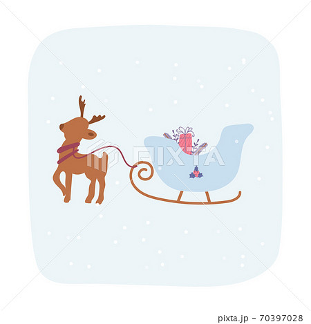 Christmas presents in sleigh with deer. Vector illustration for New Year of the bull. Simple trendy illustration for postcards, posters. Christmas presents in sleigh with deer. Vector illustration for New Year of the bull. Simple trendy illustration for postcards, posters. 70397028