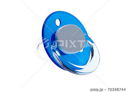 a silicon pacifier babies made of transparent soft latex, blue plastic soother isolated on white background mock up. 70398744