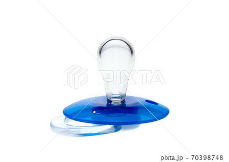 a pacifier babies made of transparent soft latex, blue plastic soother isolated on white background with copy space. 70398748