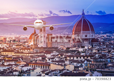 Front of plane aircraft, on Florence Cathedral Santa Maria del Fiore in Sunrise at Florence, Italy  70398823