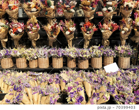 Dry flower hanging on the street. Vintage decoation for cafe and resturant 70399403