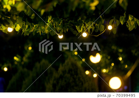 illumination backyard light garden with electric garland bulb of warm light bulbs, dark illuminate night scene of outdoor park nobody. illumination backyard light garden with electric garland bulb of warm light bulbs, dark illuminate night scene of outdoor park nobody. 70399495