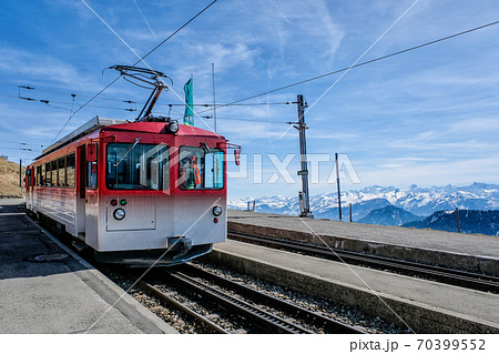 Famous electric red tourist swiss train on Rigi mountain,Switzerland,Europe 70399552