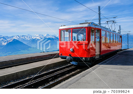 Famous electric red tourist swiss train on Rigi mountain,Switzerland,Europe 70399624
