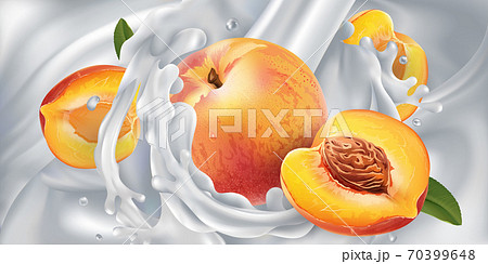 Peaches in a stream of milk or yogurt. Peaches in a stream of milk or yogurt. 70399648