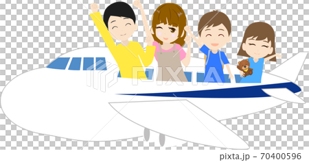 飛行機に乗って旅に行く可愛い家族のイラストのイラスト素材