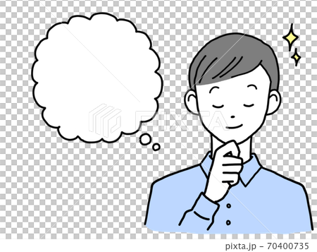 顔に手をあて想像するの若い男性 吹き出しのイラスト素材