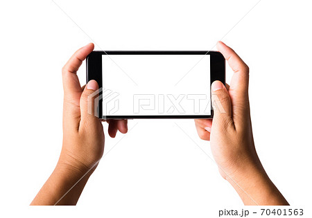 Woman hand playing game on smartphone blank screen 70401563