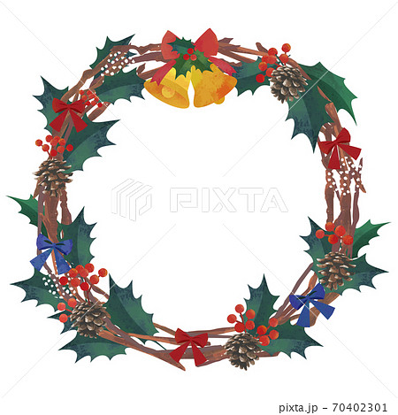 クリスマスリース 柊 リボン ベルの飾り枠 水彩イラスト ナチュラル カントリー調のイラスト素材