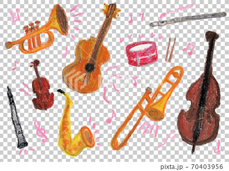 音楽を奏でる楽器いろいろのクレヨンイラストのイラスト素材