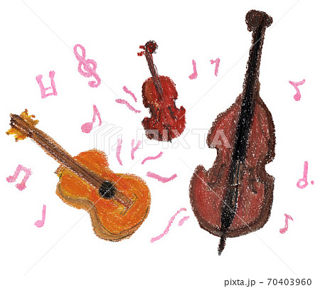 音楽を奏でる弦楽器のクレヨンイラストのイラスト素材