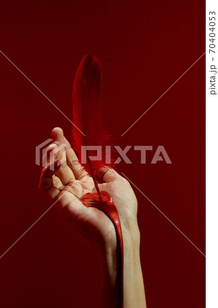 Red feather stuck in hand crop against red background Red feather stuck in hand crop against red background 70404053