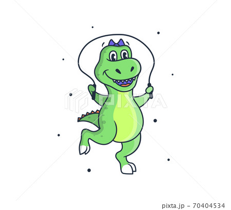 The cute dino girl does exercises. Cartoonish sport dinosaur jumping 70404534