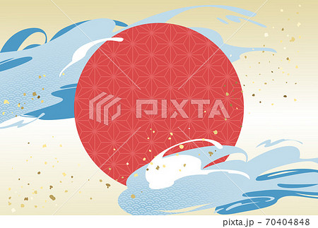 波と赤い太陽の日本画 木製フレーム付き