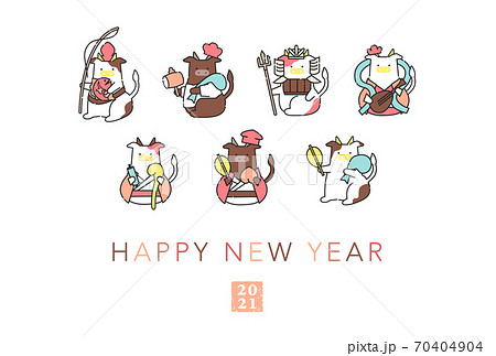 21 日本の新年を祝う牛の七福神の年賀状用テンプレート ベクターファイル おしゃれ 可愛いのイラスト素材