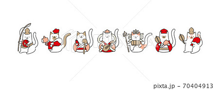 2021 日本の新年を祝う可愛い猫の七福神のイラスト　ベクターファイル　おしゃれ 70404913