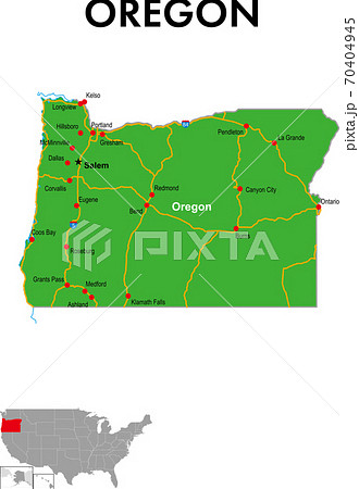 オレゴン州の地図 州都 主な都市 幹線道路のイラスト素材
