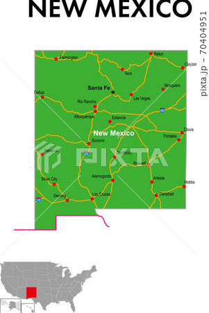 ニューメキシコ州の地図　州都、主な都市、幹線道路 70404951